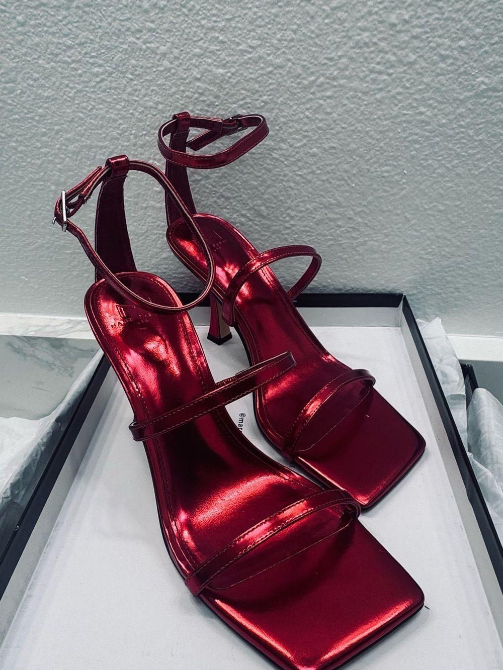 Marc Fisher LTD Dalida Metallic Ankle Strap Heels in Dark Red – Size 7M